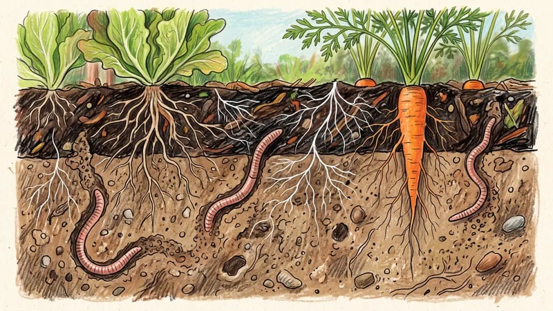 Cross-section of garden soil showing a one-inch compost top dressing layer with earthworms and fungal threads pulling it into the loam below