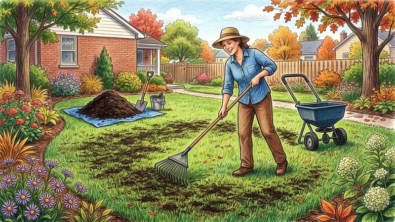 Gardener spreading thin compost top dressing across a home lawn with a leaf rake, drop spreader standing nearby in early autumn
