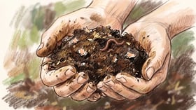 Two cupped hands holding dark finished compost with visible crumb structure, eggshell fragments and a single earthworm