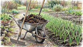 Wheelbarrow heaped with dark compost on a garden path beside overwintering garlic, with a garden fork and wide rake ready for top dressing