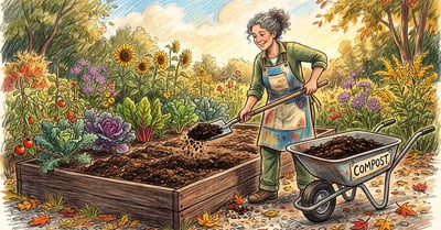 Gardener spreading a layer of dark finished compost across a raised vegetable bed with a flat shovel in late summer