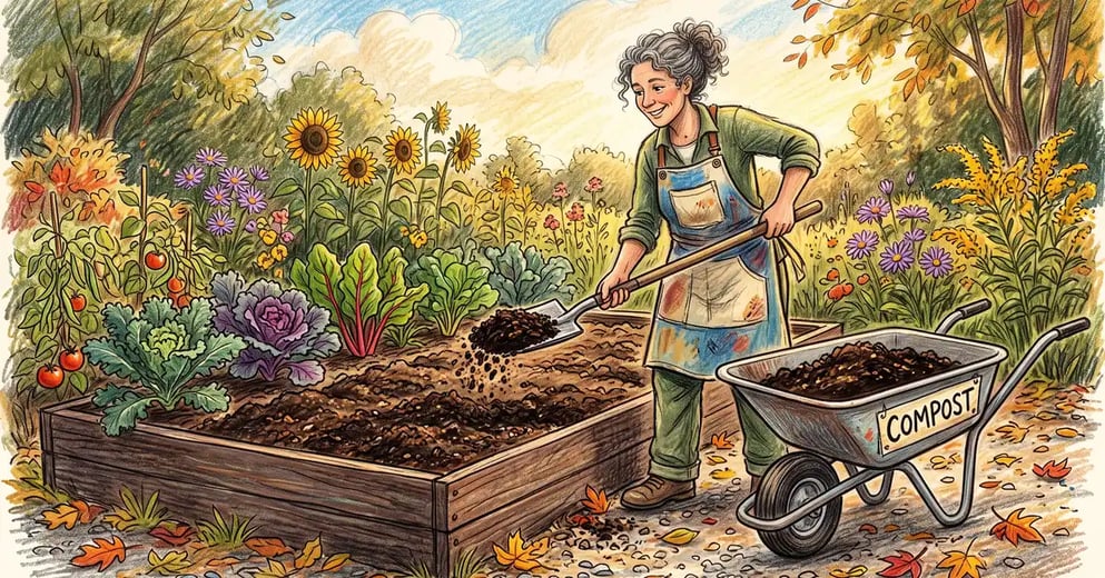 Gardener spreading a layer of dark finished compost across a raised vegetable bed with a flat shovel in late summer