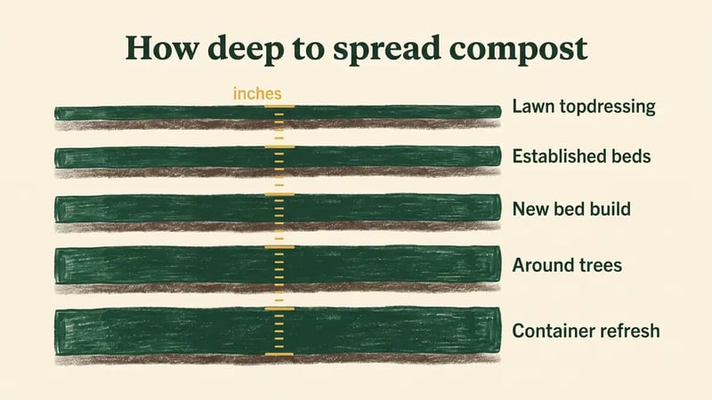 Hand-drawn chart comparing compost top dressing depth for lawns, established beds, new beds, trees and containers against an inch scale