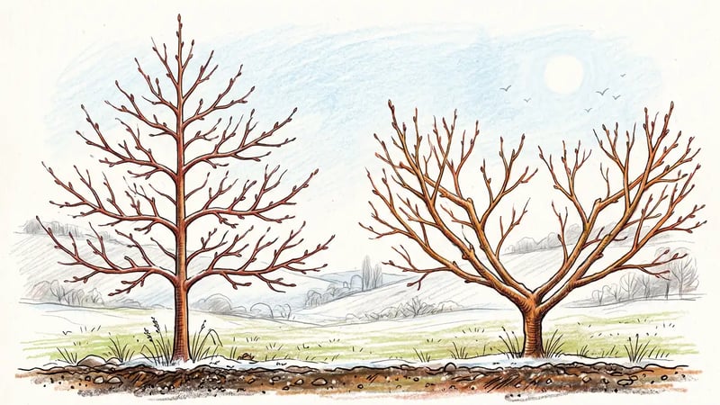 Comparison drawing of a young apple tree trained to a central leader beside a peach tree trained to an open center vase shape