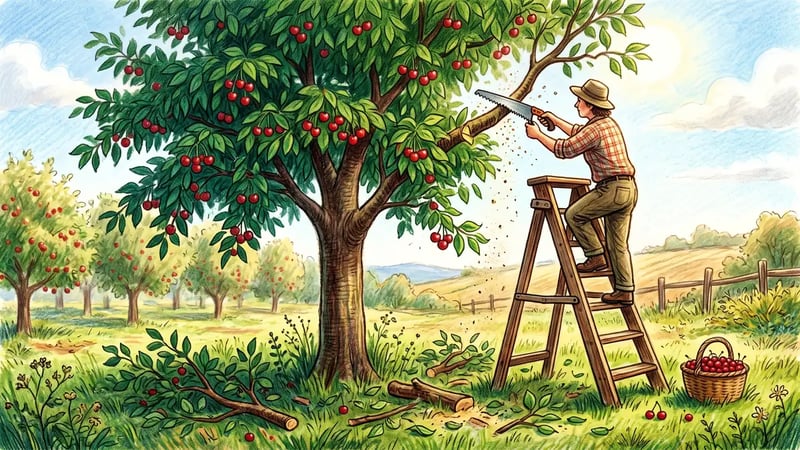Gardener on a low orchard ladder summer pruning a cherry tree in warm dry weather with ripe cherries in the canopy