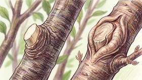 Close-up of a correct fruit tree pruning cut made just outside the intact branch collar, with callus tissue rolling over an older wound