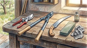 Bypass pruners, loppers, a curved pruning saw and a sharpening stone laid out on a wooden orchard bench with disinfectant