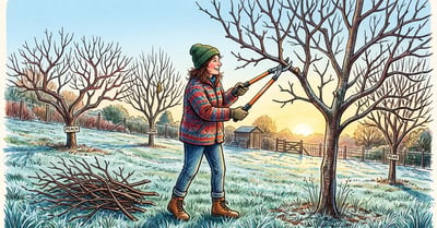 Home orchardist making a pruning cut on a bare apple tree with loppers on a frosty late-winter morning
