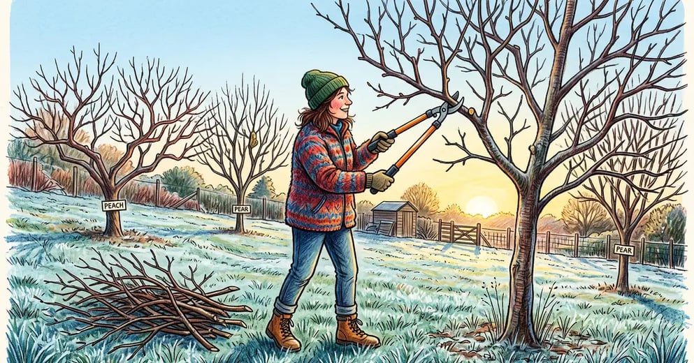 Home orchardist making a pruning cut on a bare apple tree with loppers on a frosty late-winter morning