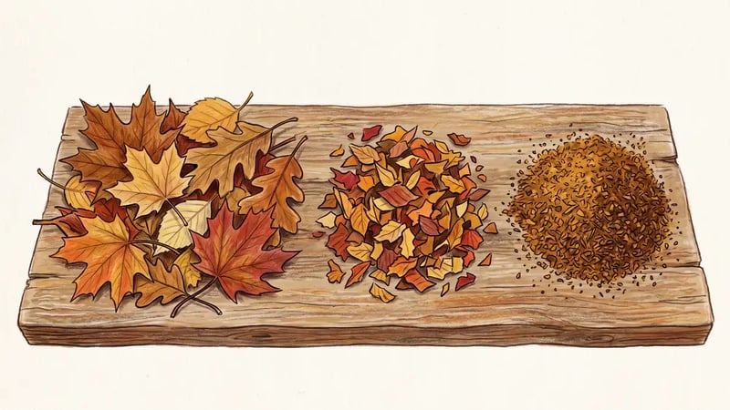 Three piles compared side by side: whole fall leaves, coin-sized shredded leaf pieces, and finely ground leaf particles