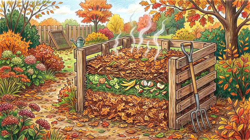 Compost bay being layered with thick bands of shredded brown leaves alternating with thinner bands of green material
