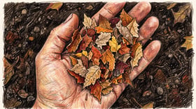 Handful of coarsely shredded fall leaves in russet and gold, fragments about an inch across, held over dark garden soil