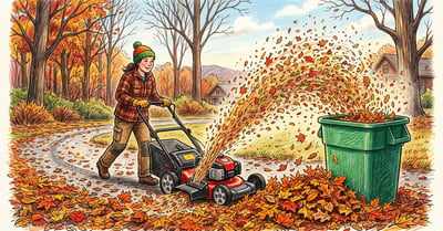 Gardener running a mulching mower over a drift of fall leaves, shredded fragments arcing into a waiting bin