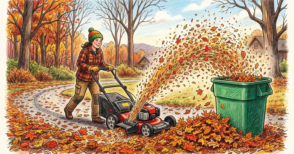 Gardener running a mulching mower over a drift of fall leaves, shredded fragments arcing into a waiting bin