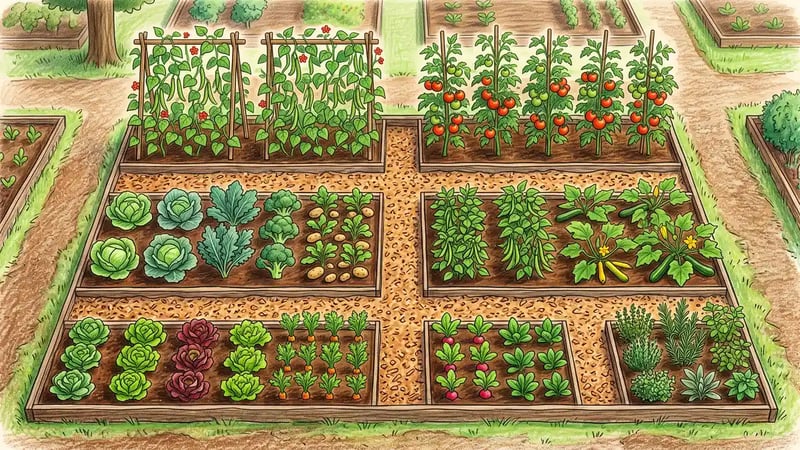 Overhead plan of a community garden plot divided into four beds with narrow paths, tall trellised crops along the north edge