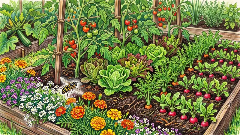 Intensively interplanted community garden bed with lettuce beneath staked tomatoes, radishes between carrot rows and flowering edges