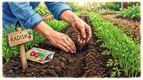 Hands sowing radish seed between two rows of young carrot seedlings in a community garden bed with a wooden row marker