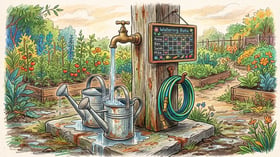 Shared community garden standpipe with two watering cans filling beneath it and a chalkboard watering schedule on the post