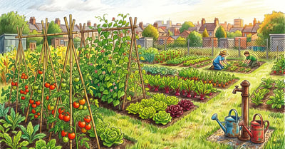 Community garden in high summer with staked tomatoes, bean trellises and lettuce blocks across several neighboring plots