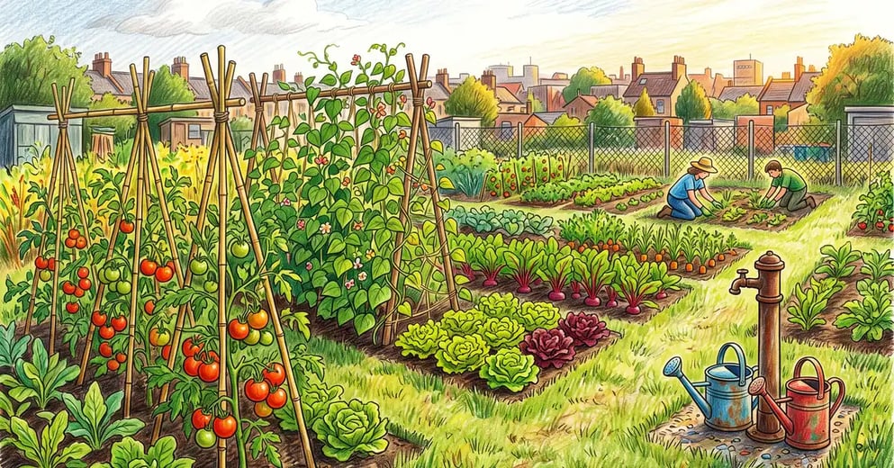 Community garden in high summer with staked tomatoes, bean trellises and lettuce blocks across several neighboring plots