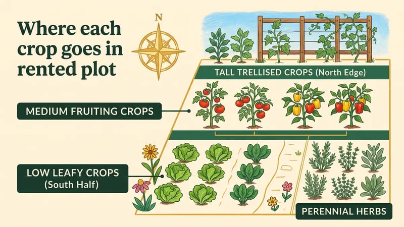 Diagram showing where tall trellised crops, medium fruiting crops, low leafy crops and perennial herbs go in a rented plot