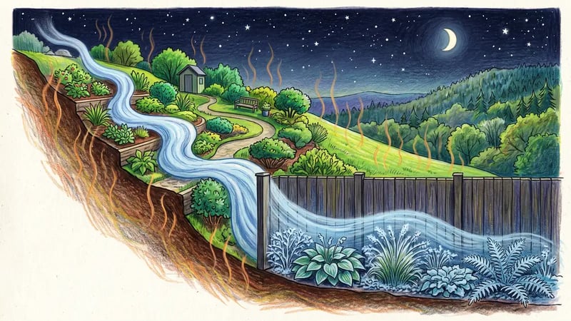 Cross-section of a sloping garden at night showing cold air draining downhill and pooling against a solid fence where frost forms