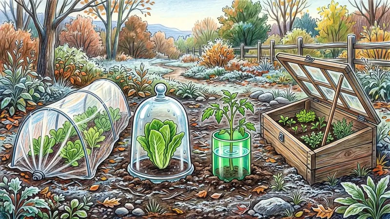 Four frost protection methods side by side: a low tunnel of row cover, a glass cloche, a water-filled tube collar and a cold frame