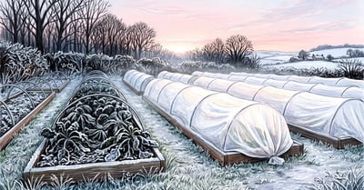 Frosted vegetable garden at dawn with beds under white row cover on hoops beside one uncovered bed showing frost-blackened foliage