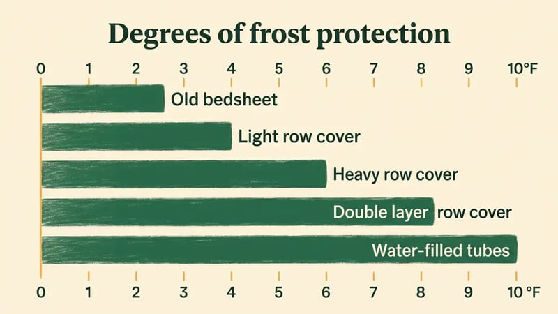 Chart comparing degrees of frost protection from bedsheets, light row cover, heavy row cover, double layers and water-filled tubes