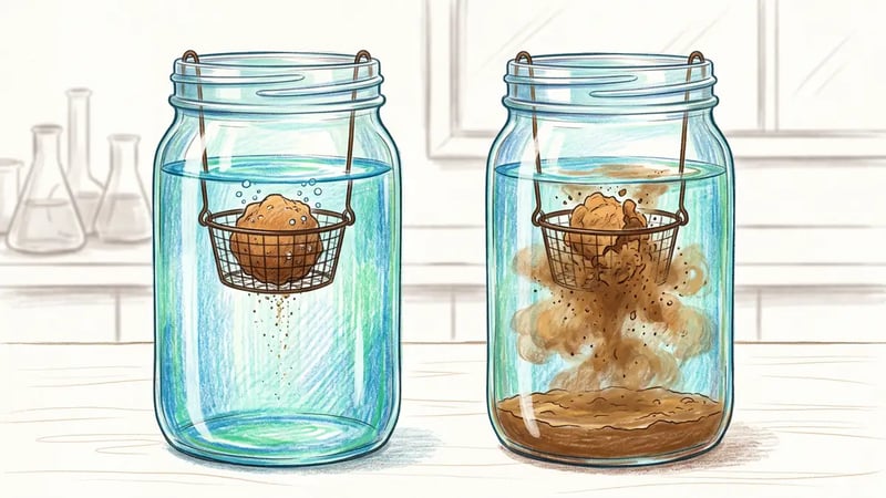 Slake test showing two soil clods in water, one holding together and one collapsing into muddy sediment, indicating aggregate stability