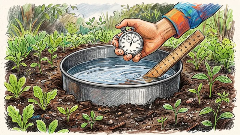 Single-ring infiltration test in a garden bed with water standing inside a metal ring and a stopwatch timing the soak-in rate