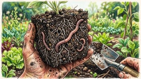 Cube of garden soil on a spade showing three earthworms, fine root hairs and dark crumb aggregates as soil health indicators