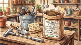 Labeled soil sample bag with a stainless soil probe, trowel and bucket of mixed cores ready for a soil health lab test