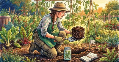 Gardener examining a spadeful of dark crumbly soil for structure and roots, with a jar, wire flag and notebook beside them