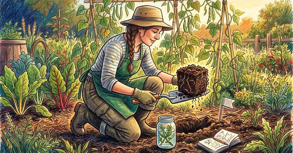 Gardener examining a spadeful of dark crumbly soil for structure and roots, with a jar, wire flag and notebook beside them