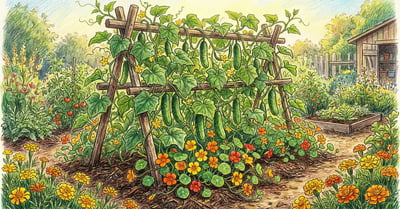 Cucumber vines climbing a trellis with nasturtiums and marigolds in a permaculture garden bed