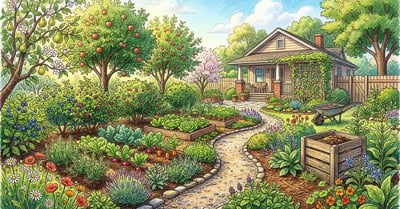 Welcoming permaculture garden in suburban backyard with diverse layers of fruit trees berry bushes herbs and vegetables growing together in spring