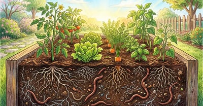 Lush permaculture garden with rich dark soil, earthworms, and diverse vegetable plants growing in raised beds under warm spring sunlight