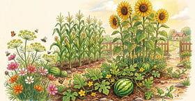 Tall sunflowers and sweet corn on the sunny edge of a bed beside sprawling watermelon vines with flowering dill and cosmos