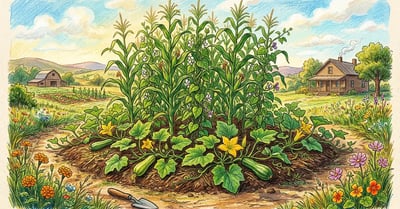 Three Sisters planting mound with corn, climbing beans, and squash growing together in a traditional Iroquois companion garden