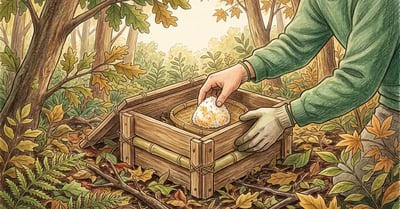 Pencil-crayon illustration of a home gardener collecting indigenous microorganisms on cooked rice beneath forest leaf litter with bamboo in the background