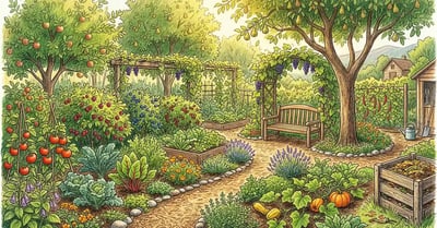 Welcoming permaculture garden with diverse edible plants in harmonious layers, fruit trees, berry bushes, herbs, and a winding path in warm pencil-crayon illustration style