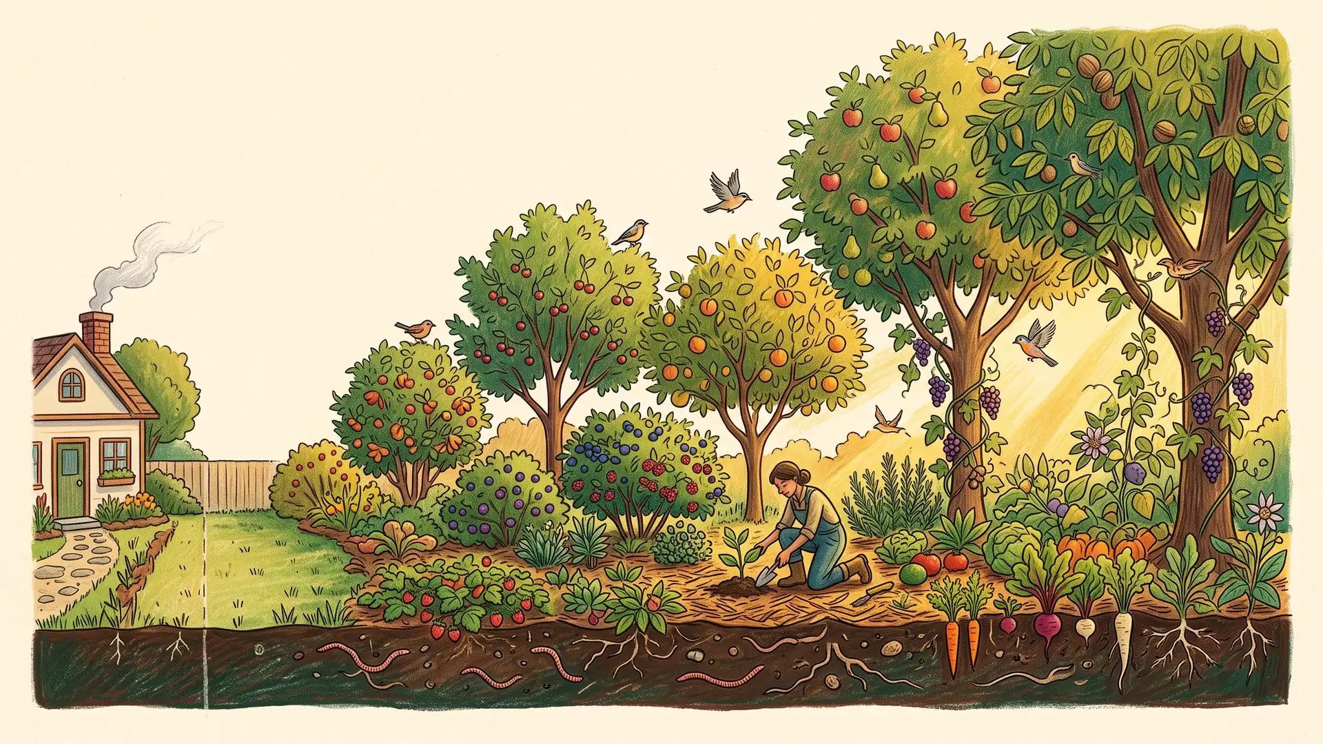 Pencil-crayon illustration of a backyard transforming into a seven-layer food forest, from lawn to canopy