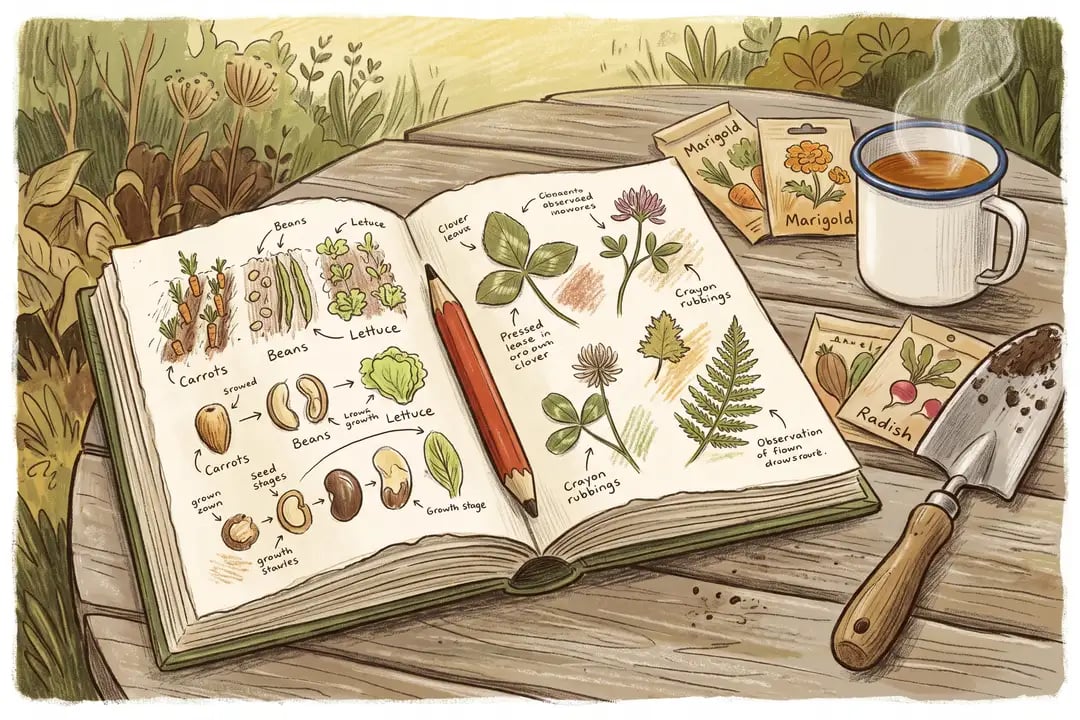 Open field journal with planting notes, seed packets and a trowel