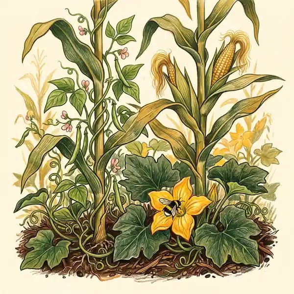 Three Sisters guild illustration — corn, beans and squash