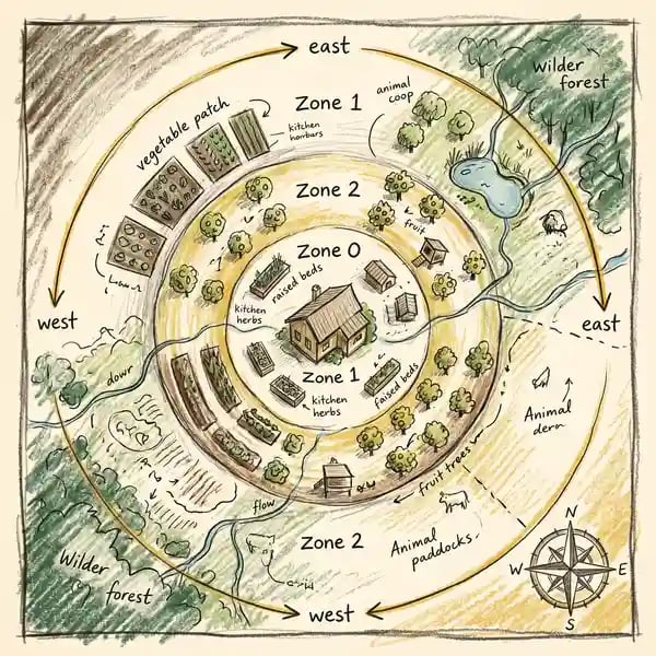 Hand-drawn permaculture zone map illustration