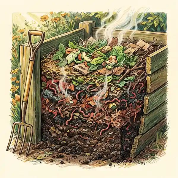 Compost heap cutaway illustration with worms