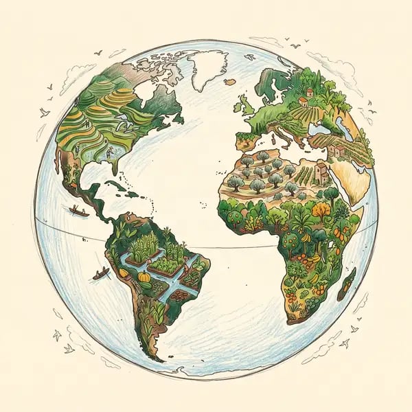 Globe illustration with gardens growing across continents