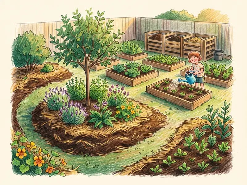 Pencil-crayon illustration of a suburban backyard with curved beds and a young fruit tree guild