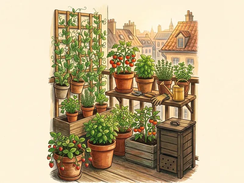 Pencil-crayon illustration of a balcony garden with containers, herbs and a vertical trellis